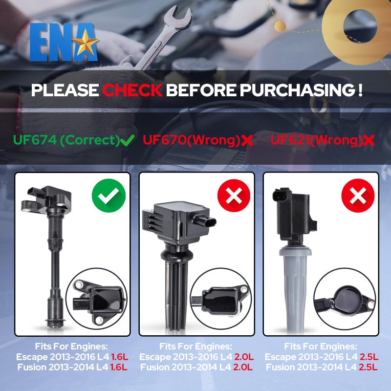 ENA Set of 4 Ignition Coil Pack Compatible with Ford 13-16 Escape, 2014 2015 2016 2017 2018 2019 Fiesta, 2013 2014 Fusion, 14-16 Transit Connect 1.6L Replace# UF674 1762724 1832313 26024066 C1830 - Image 2